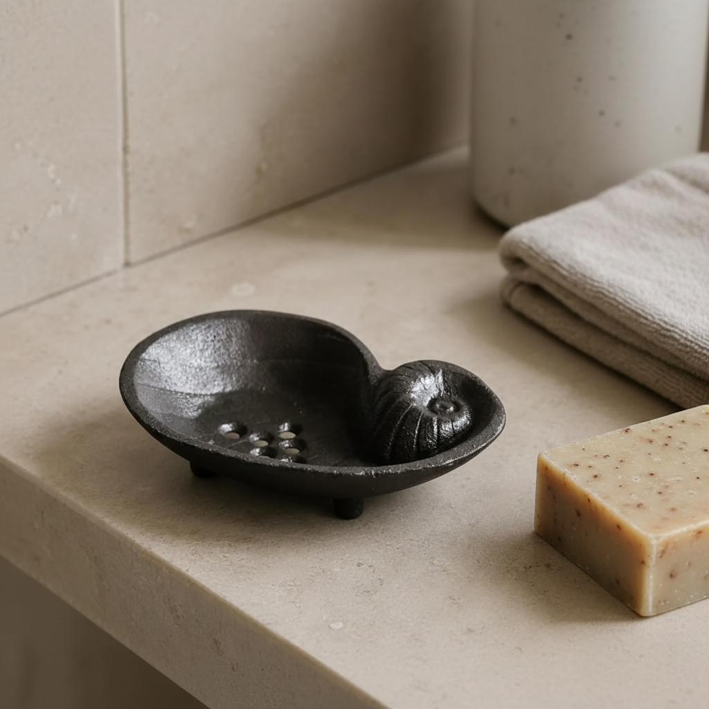 Cast iron seashell soap dish — travertine bathroom lifestyle