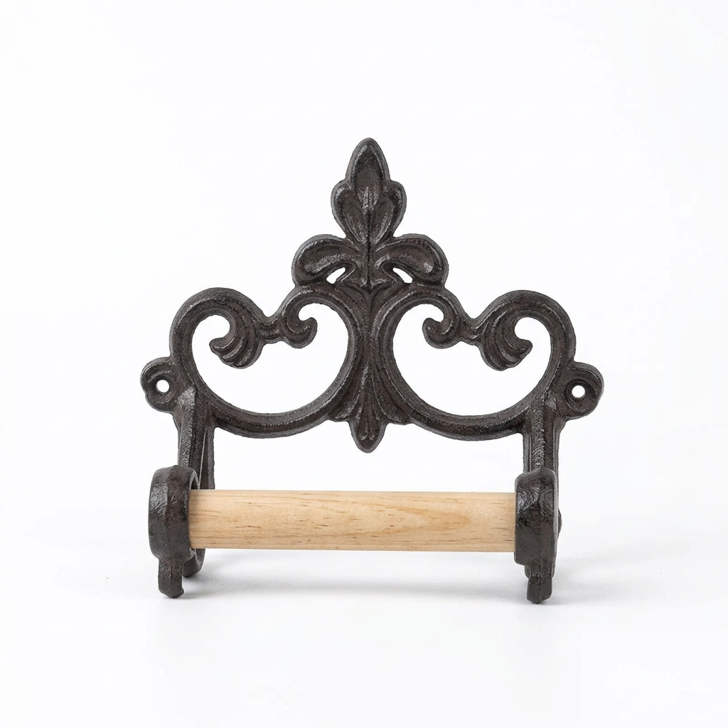 Cast iron toilet roll holder with timber spindle on white
