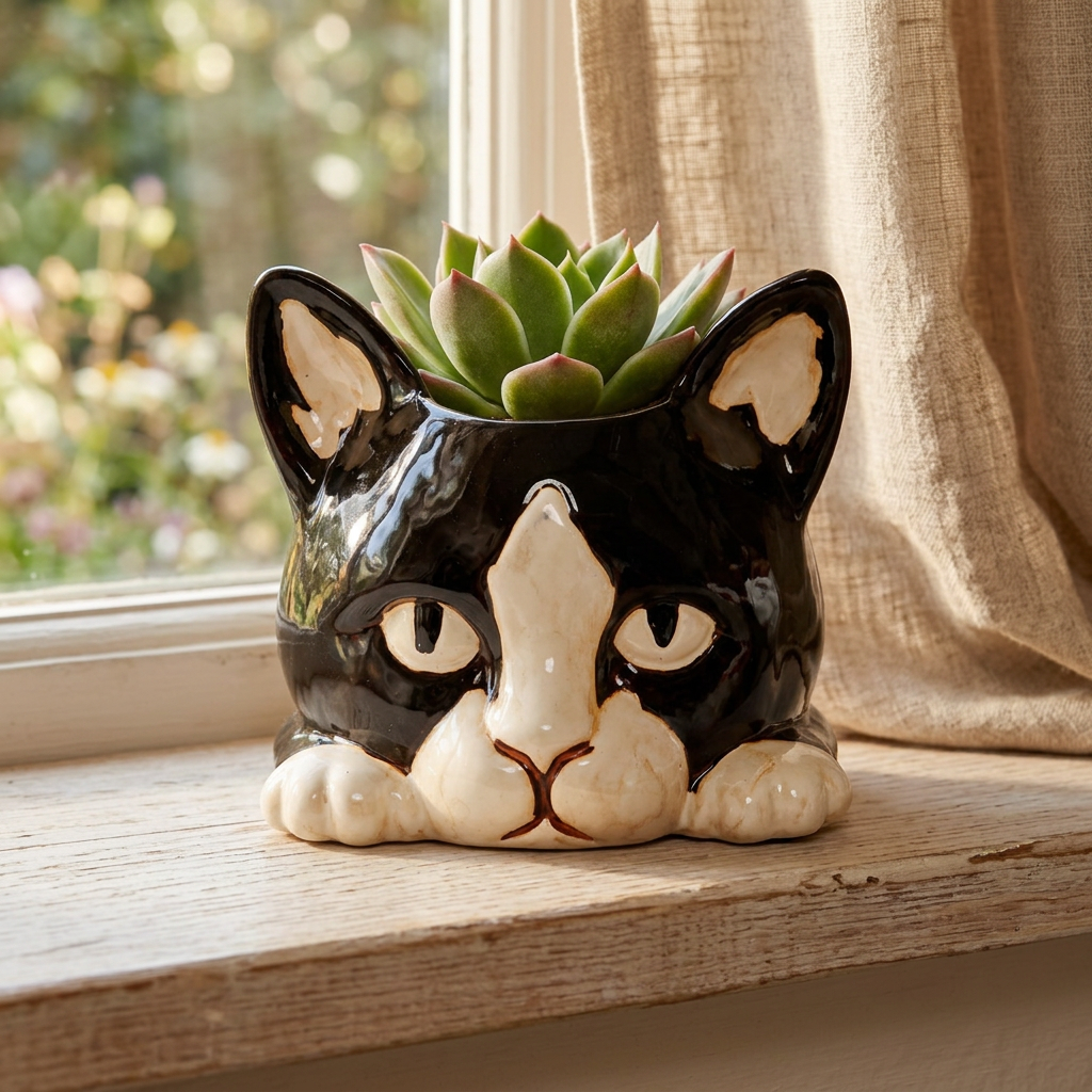 Cat planter styled on a cottage windowsill