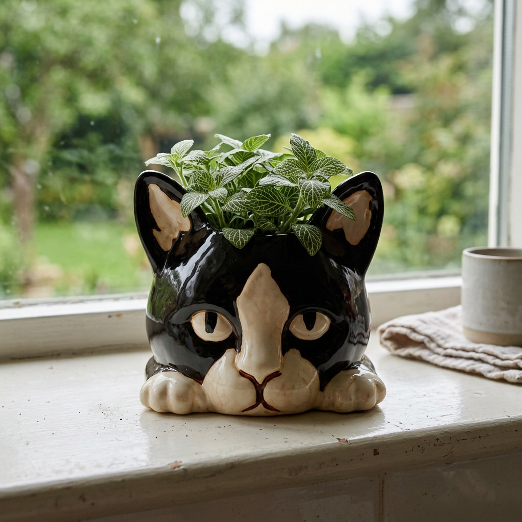 Cat planter with a fittonia on a natural kitchen windowsill