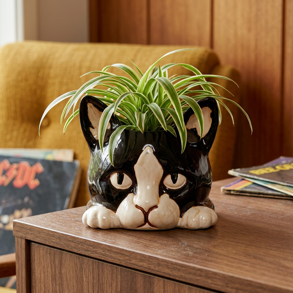 Cat planter with a spider plant in a lived-in retro home