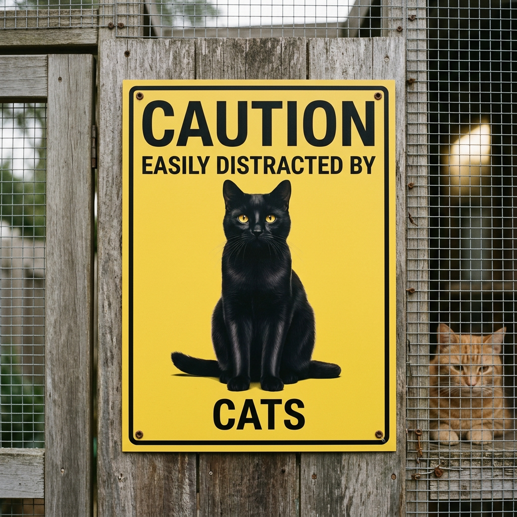 Cats caution sign beside a catio entrance