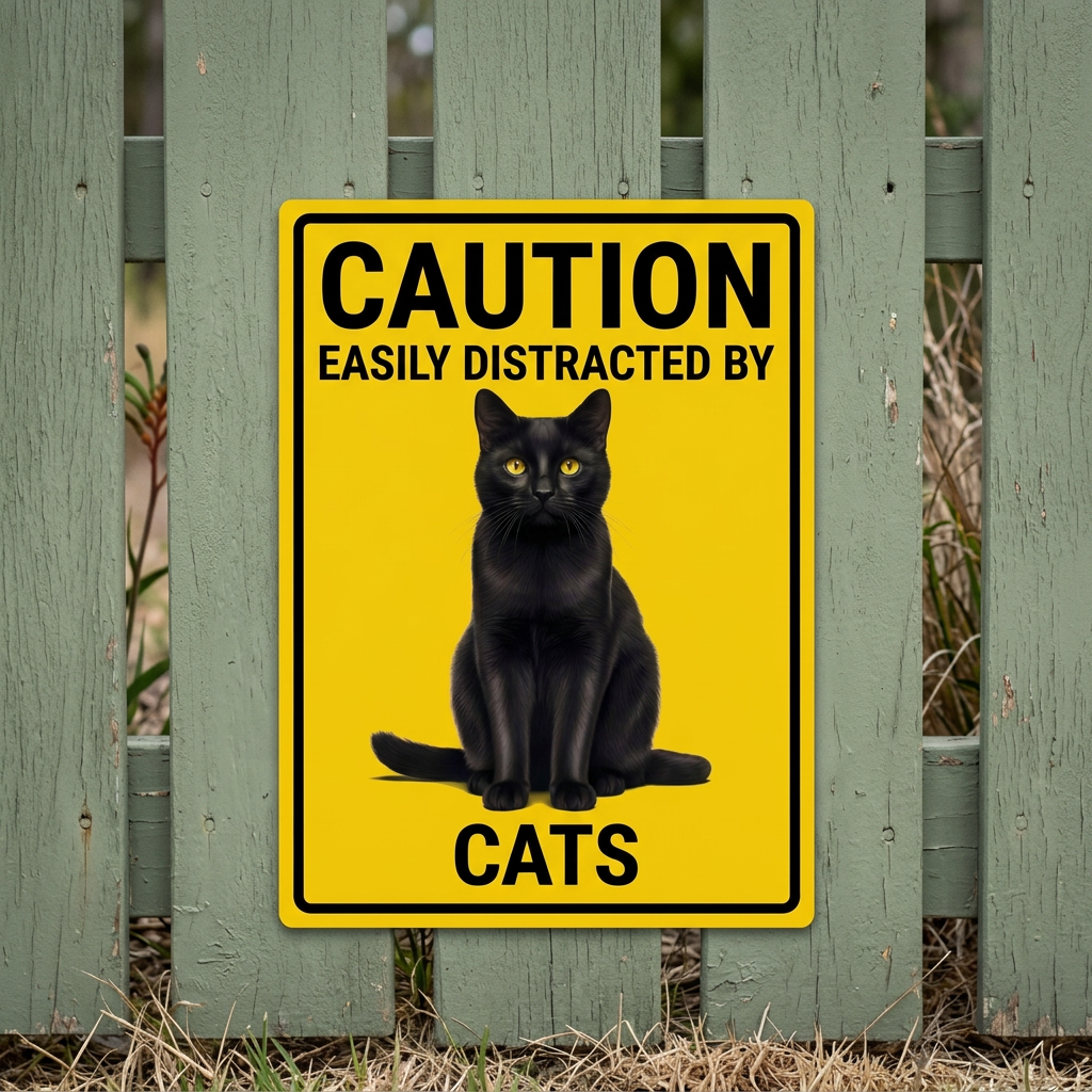 Cats caution sign on a sage garden gate