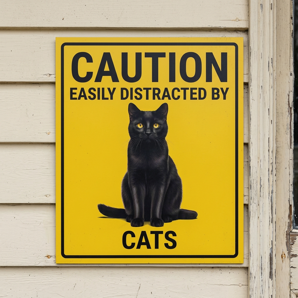 Cats caution sign on cream cottage weatherboards