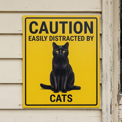 Cats caution sign on cream cottage weatherboards