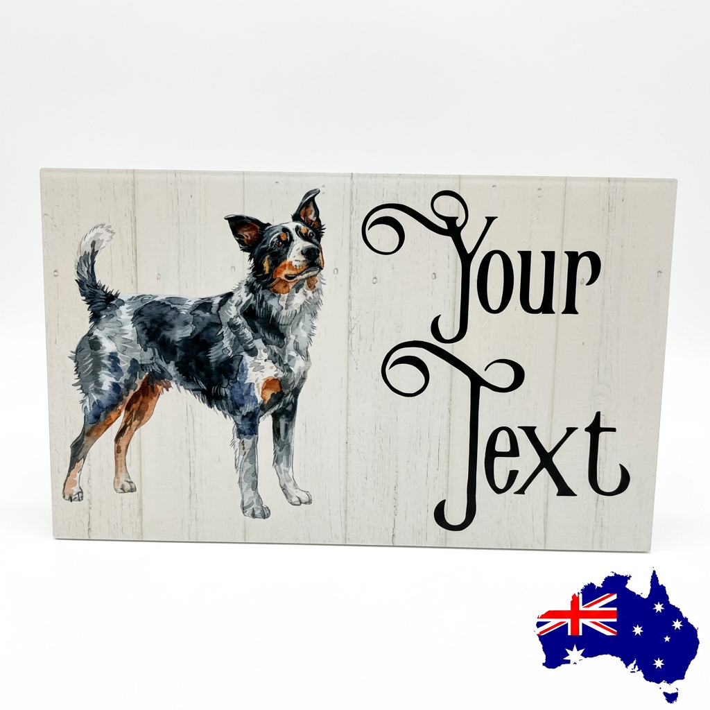 Cattle dog main image with whitewashed timber background and separated lettering