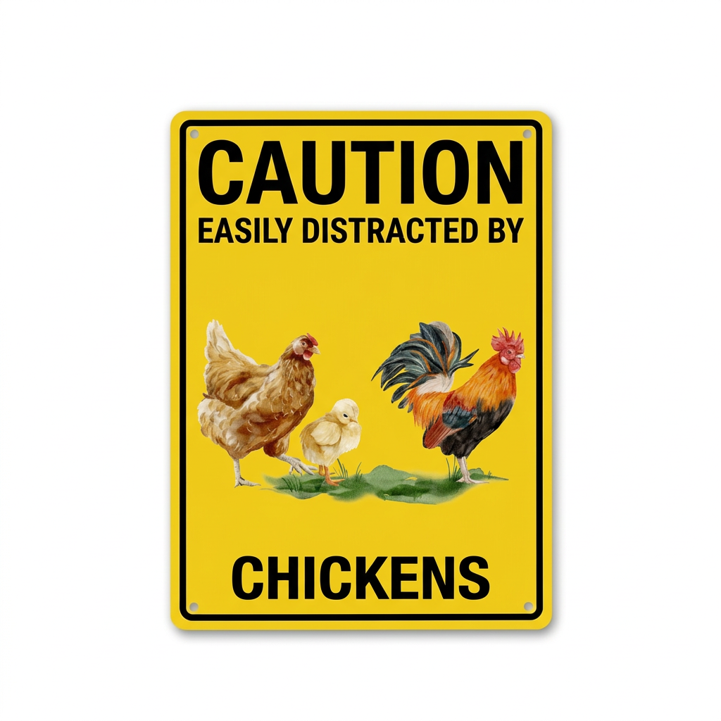 Caution Easily Distracted By Chickens sign on white