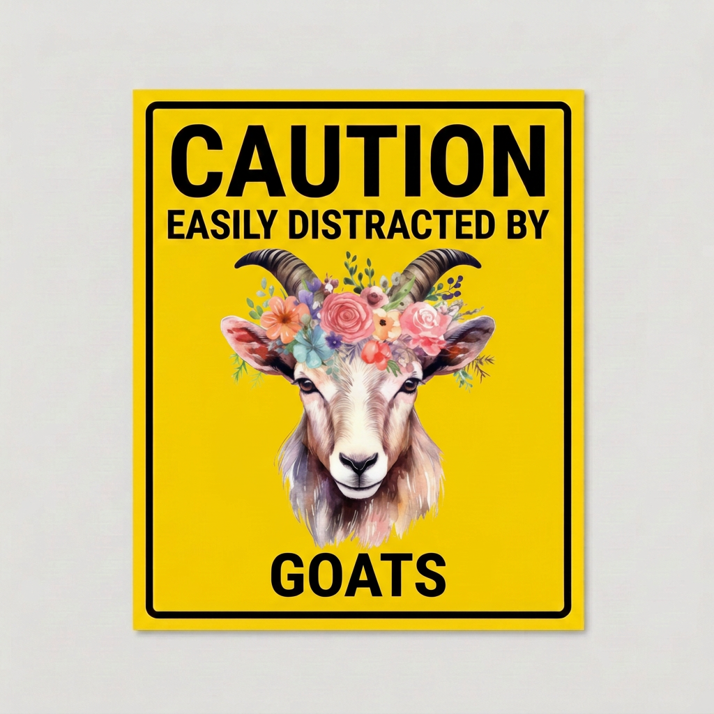 Caution Easily Distracted By Goats sign on light grey