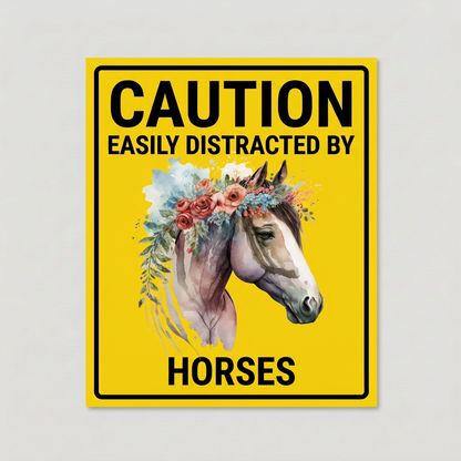 Caution Easily Distracted By Horses yellow sign concept