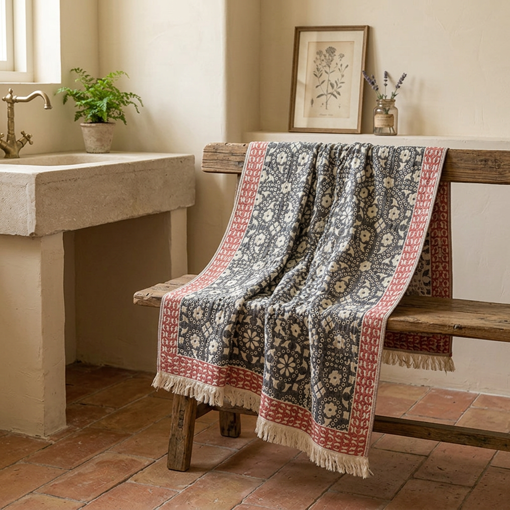 Charcoal floral red-border towel lifestyle