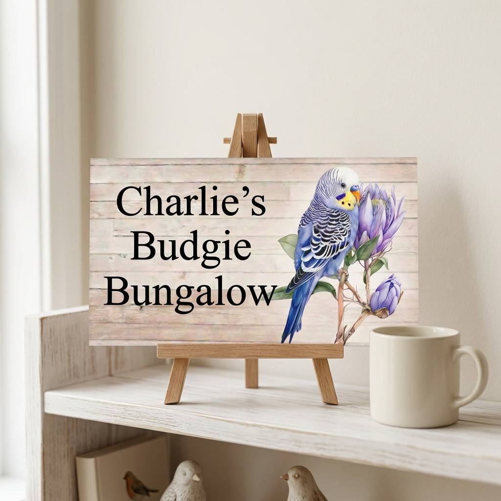 Charlie's Budgie Bungalow personalised blue budgie sign