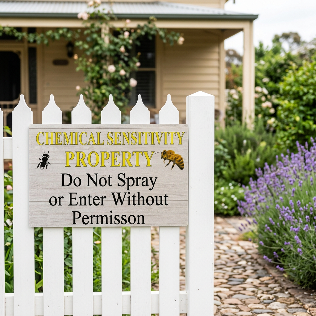 Chemical sensitivity sign on a white cottage fence