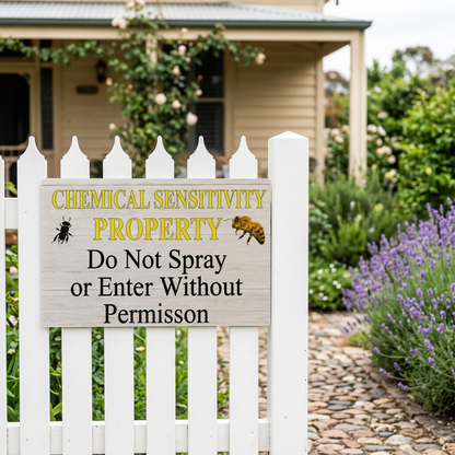 Chemical sensitivity sign on a white cottage fence