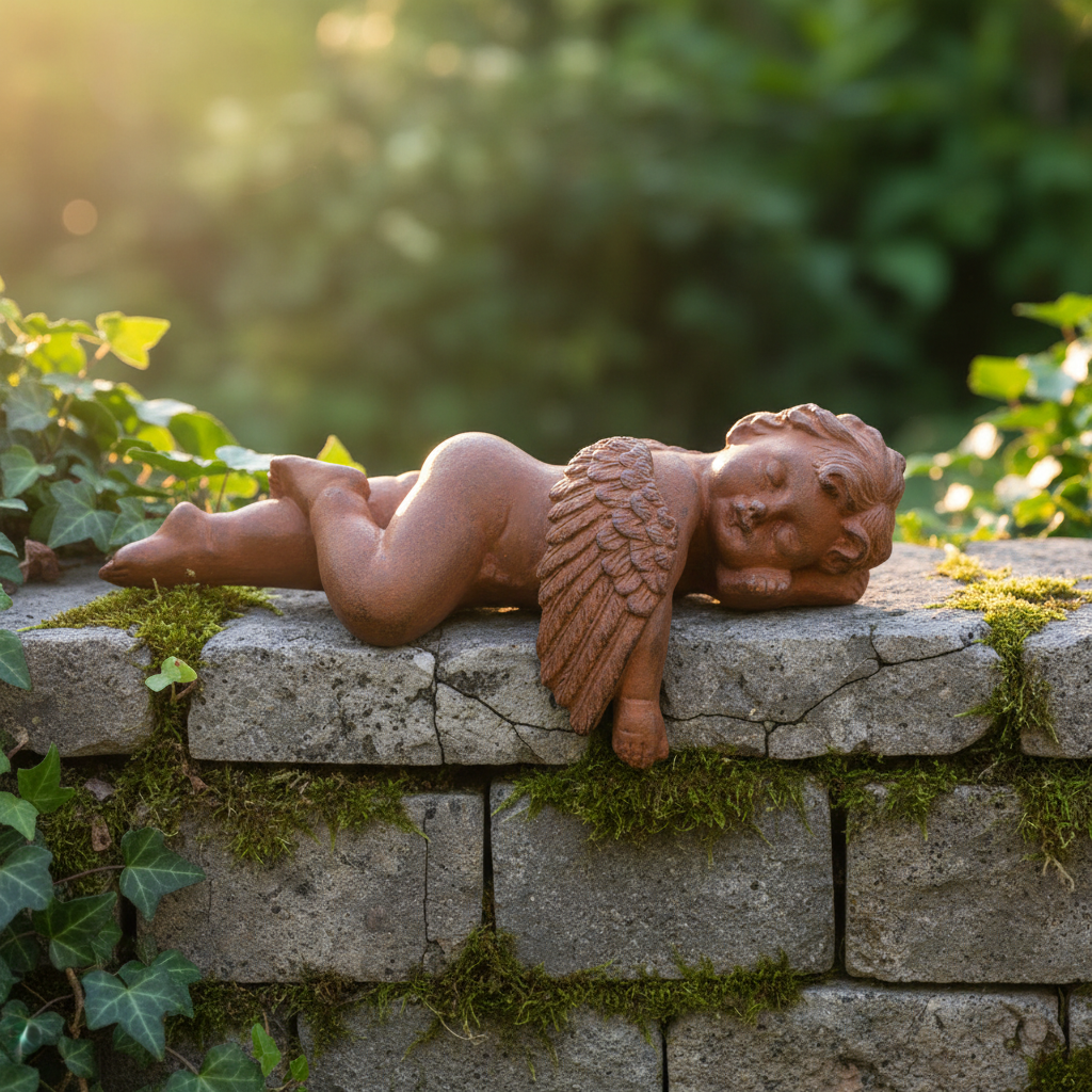 Cherub angel — stone garden wall close-up
