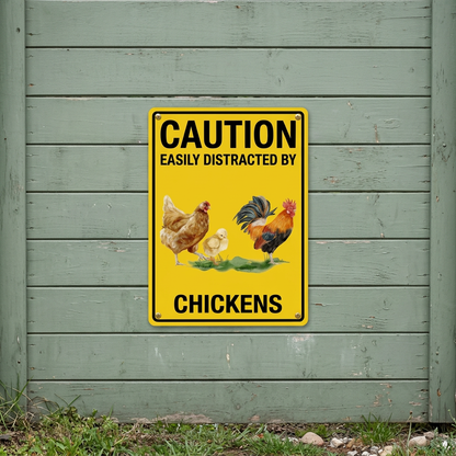 Chicken caution sign on a sage cottage garden gate
