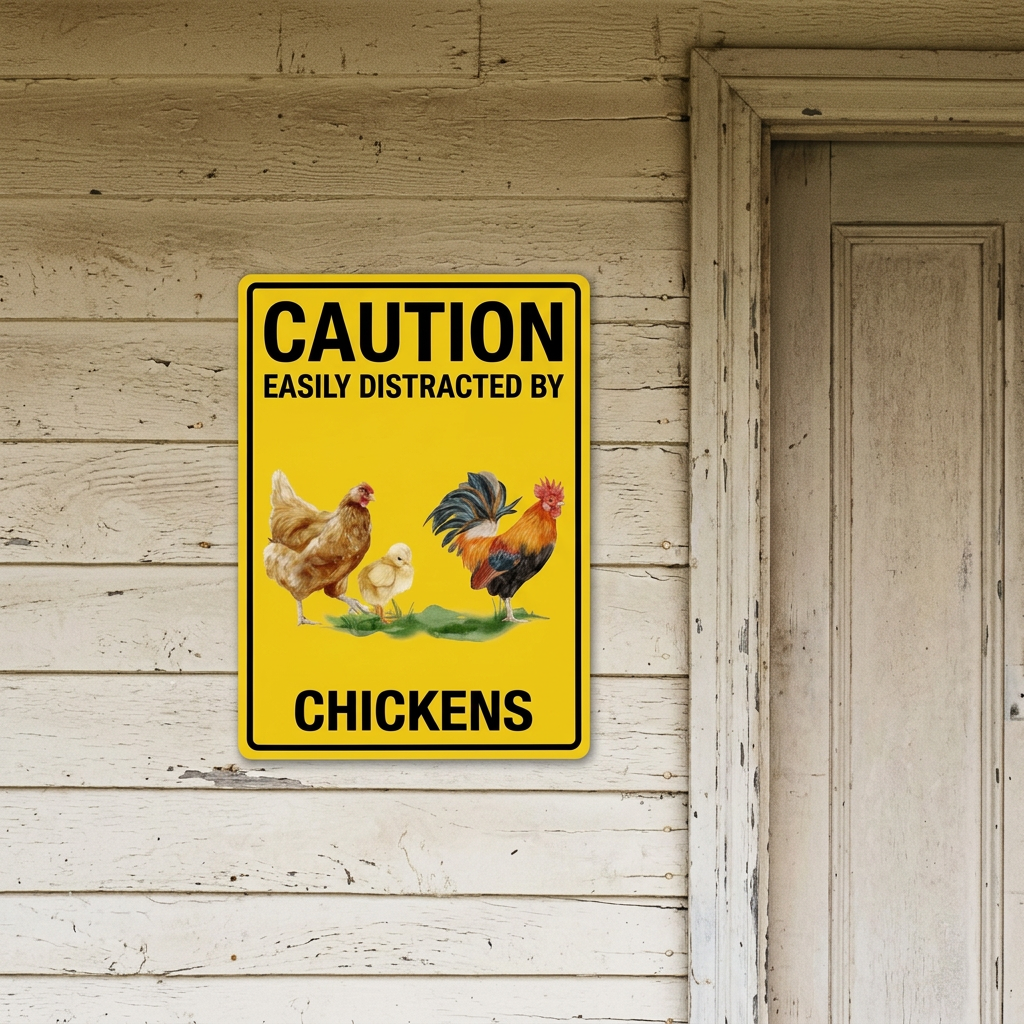Chicken caution sign on cream farmhouse weatherboards