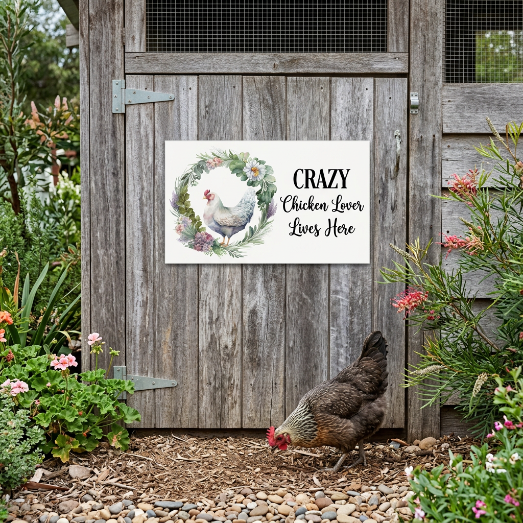 Chicken lover sign displayed on a coop door