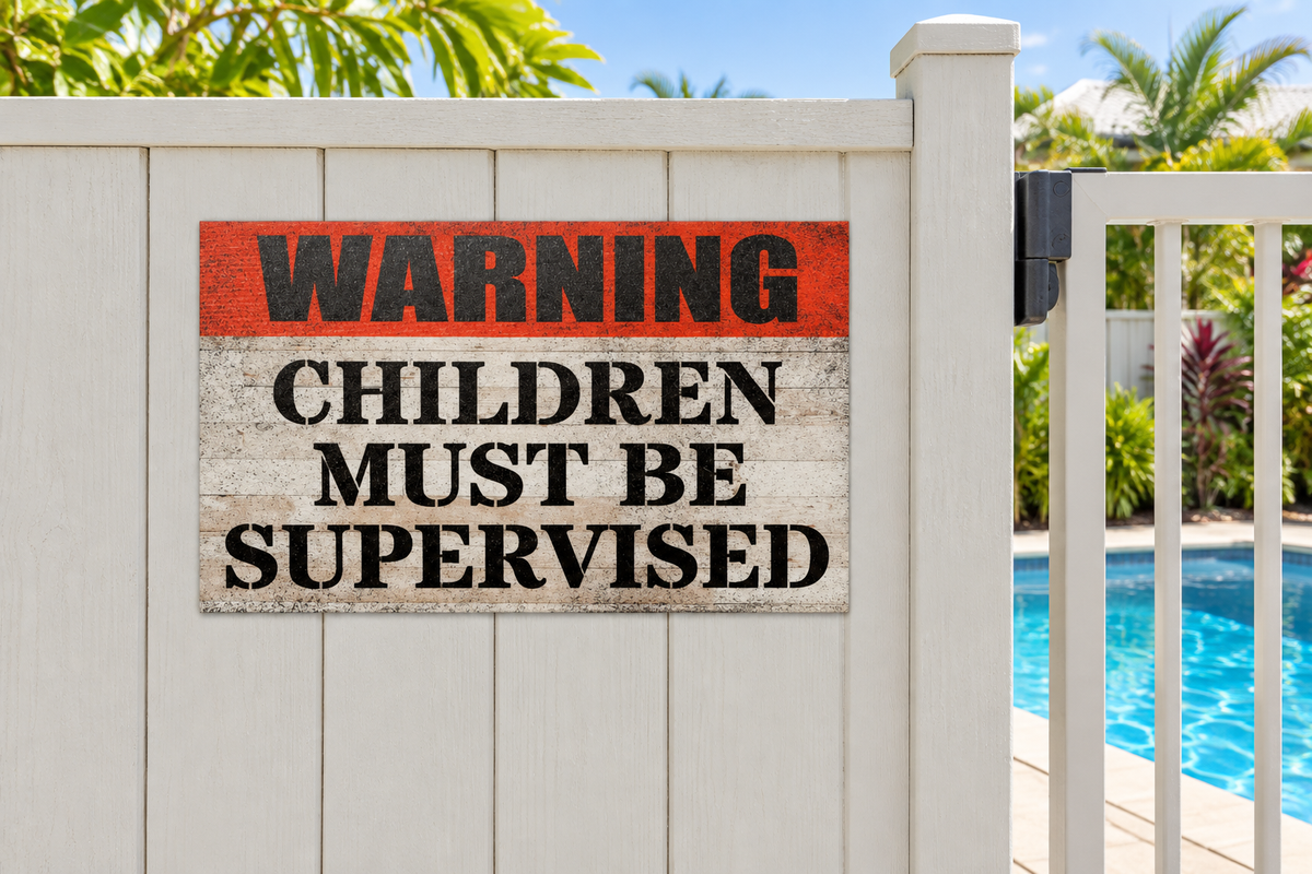 Children supervision sign beside a backyard pool gate
