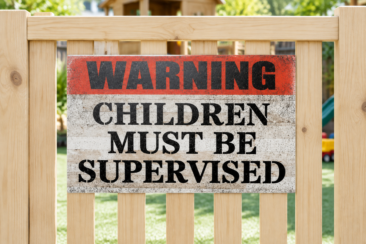 Children supervision sign on a timber play-yard gate