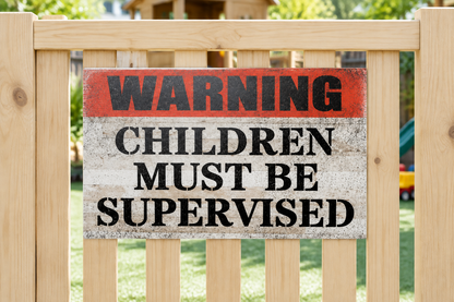 Children supervision sign on a timber play-yard gate