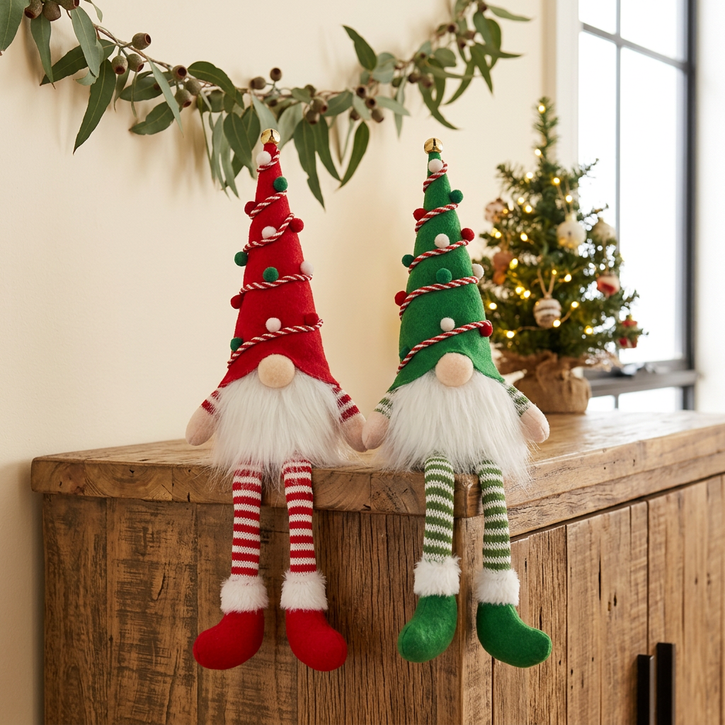 Christmas gnomes on a farmhouse sideboard