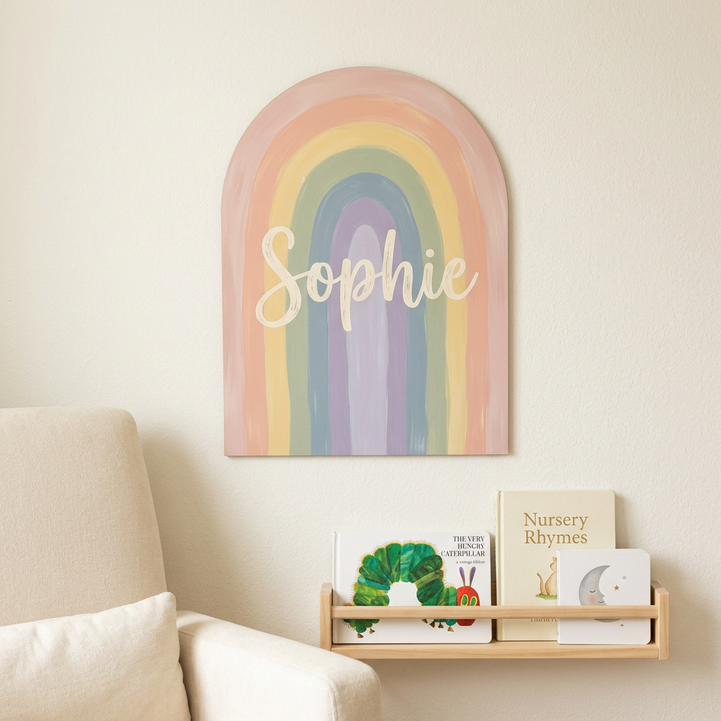 Classic arch panel with nursery rainbow and name