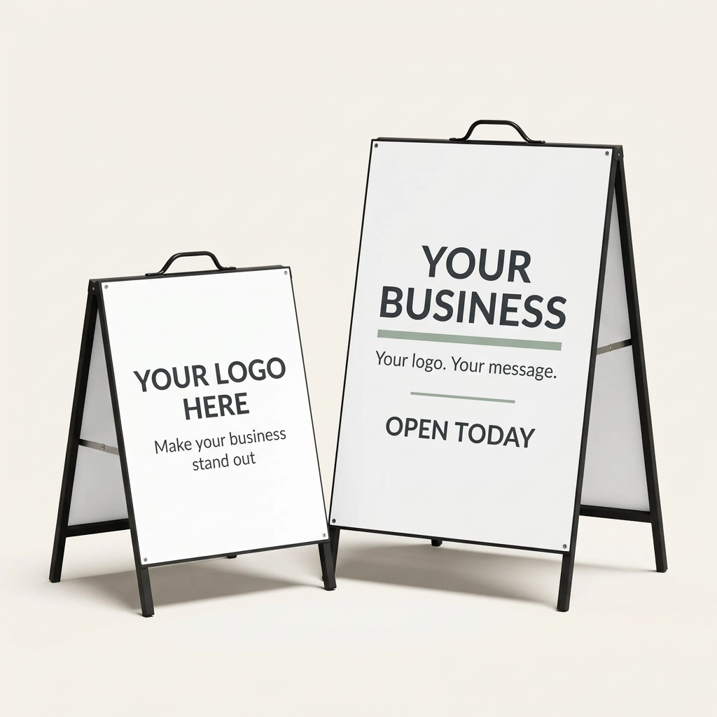 Clean product hero showing both A-frame sizes with example custom business printing