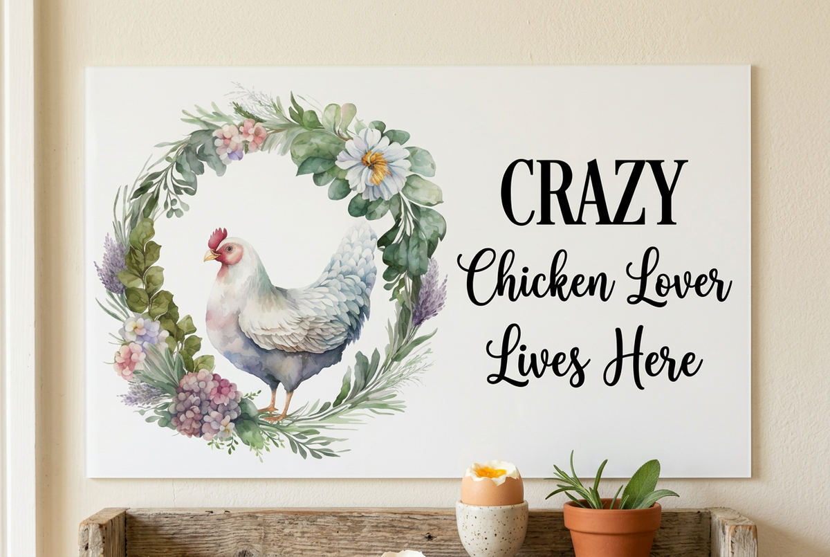 Close-up chicken lover sign above a cottage kitchen shelf