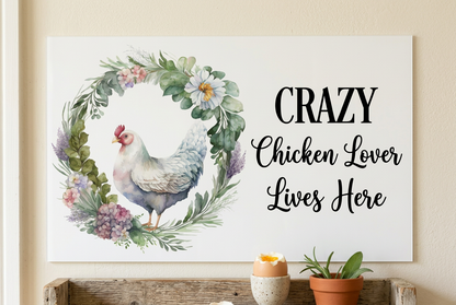 Close-up chicken lover sign above a cottage kitchen shelf