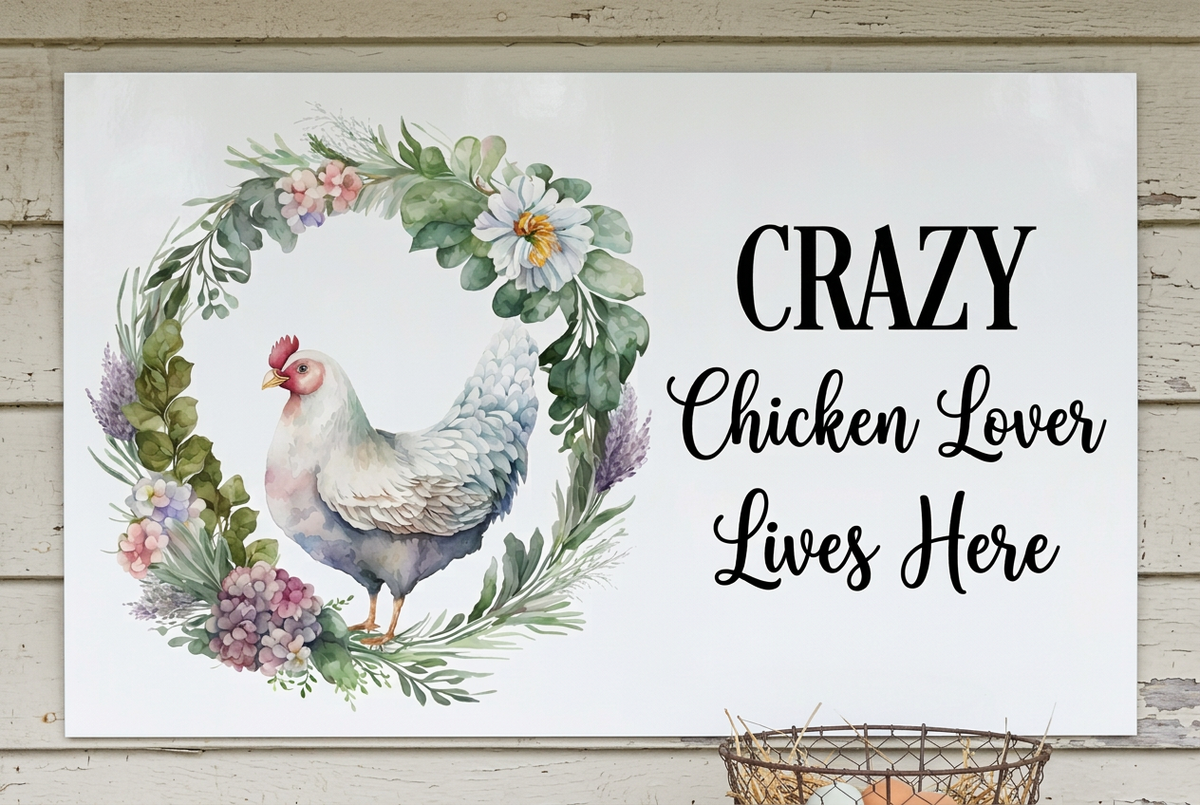 Close-up chicken lover sign on farmhouse weatherboards