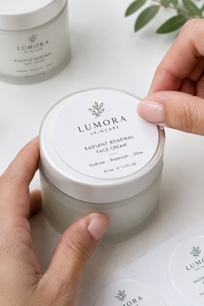 Close-up of a hand applying a label onto a round cream jar lid