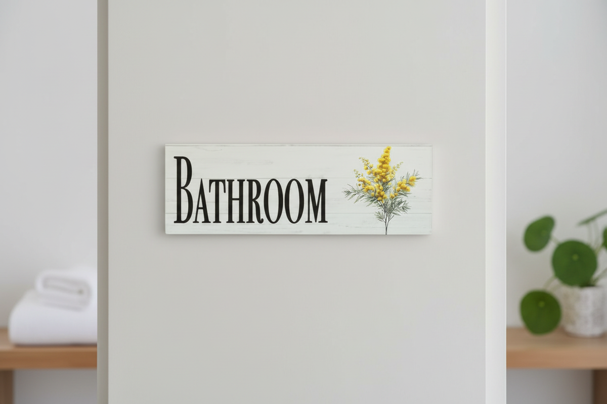 Close-up Wattle Bathroom sign lifestyle image