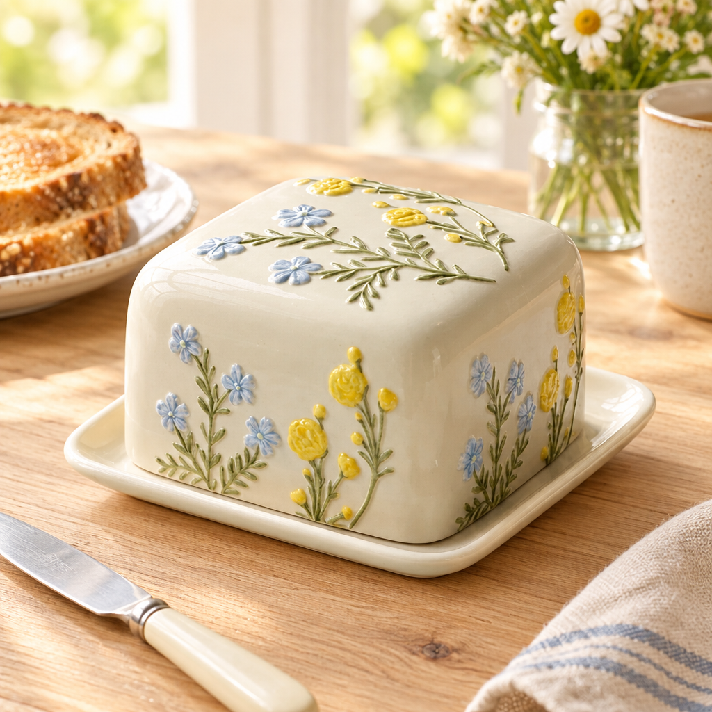 Closed floral butter dish on a breakfast table