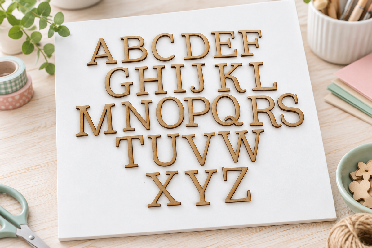 Coats MDF alphabet on a craft table