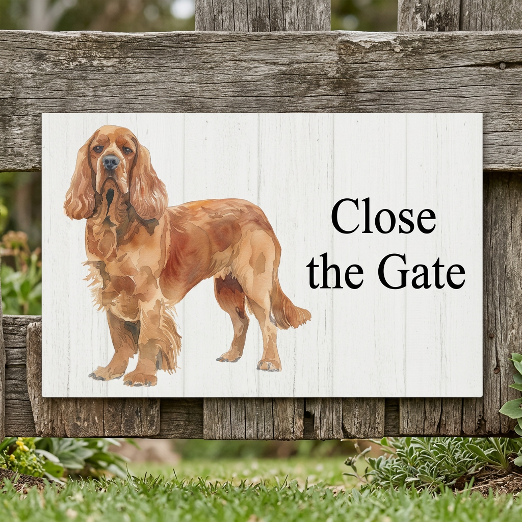 Cocker Spaniel Close the Gate plaque in Times New Roman