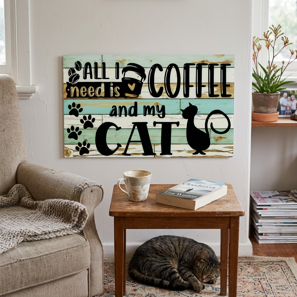 Coffee and cat sign in a cosy reading nook