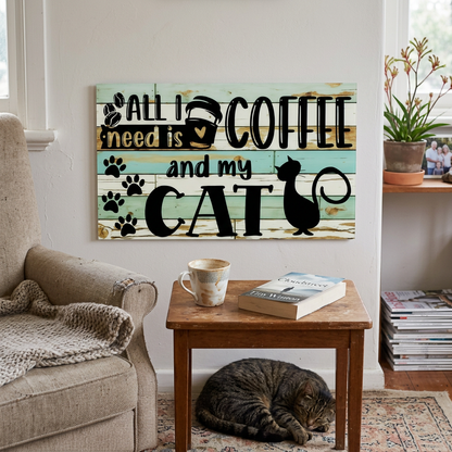 Coffee and cat sign in a cosy reading nook