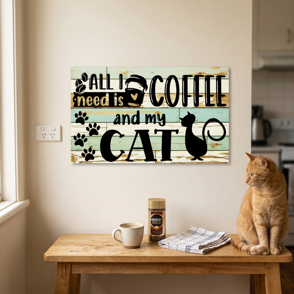 Coffee and cat sign in a kitchen breakfast nook with a ginger cat