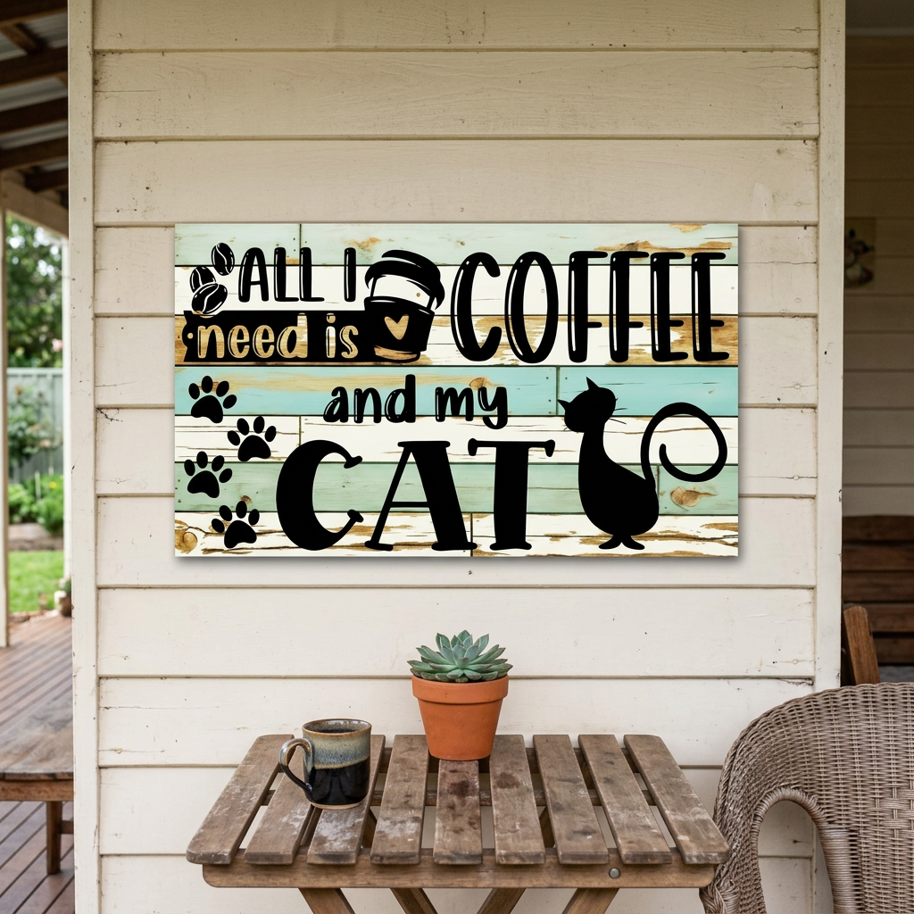 Coffee and cat sign on a covered Australian verandah