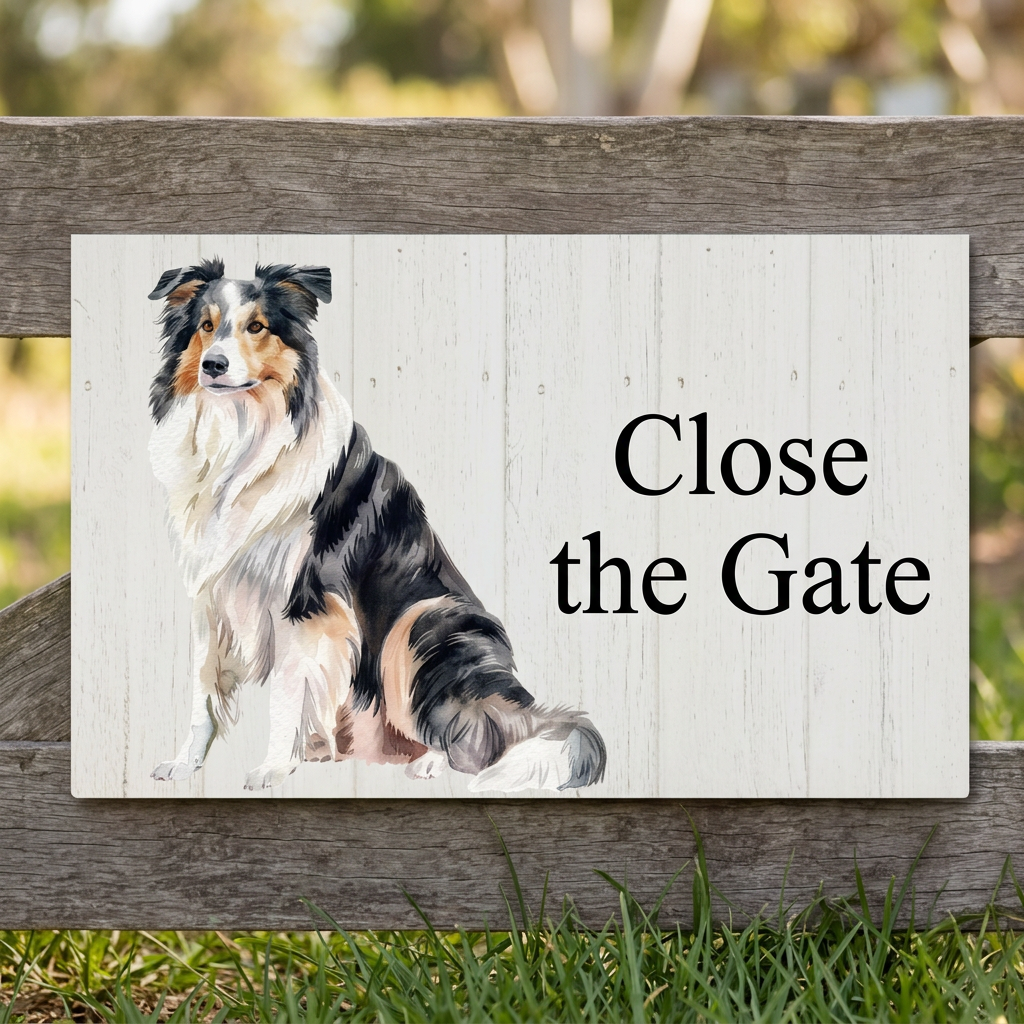 Collie Close the Gate plaque with Times New Roman lettering