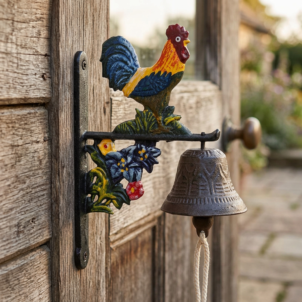 Colourful rooster doorbell at a farmhouse entrance