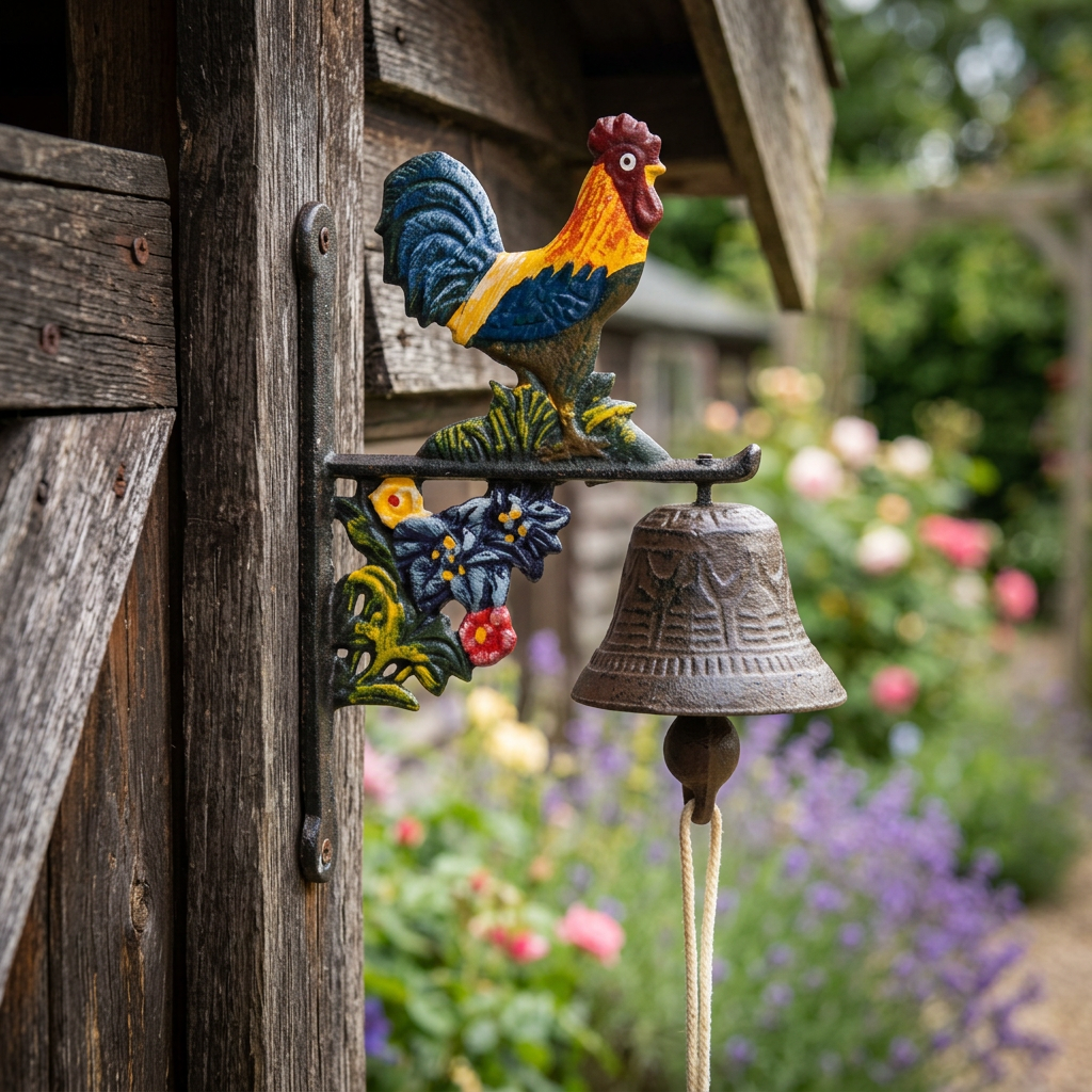 Colourful rooster doorbell beside a garden shed doorway