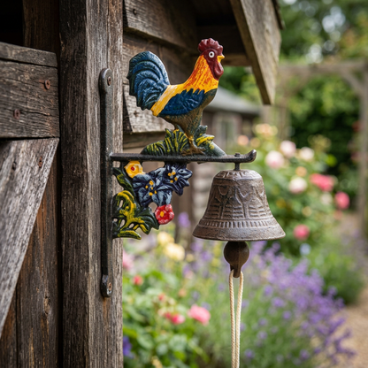 Colourful rooster doorbell beside a garden shed doorway