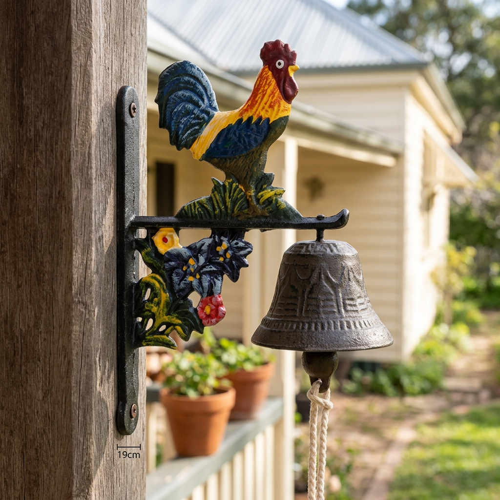 Colourful rooster doorbell on a country verandah