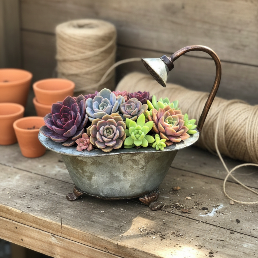 Colourful succulents on a potting bench