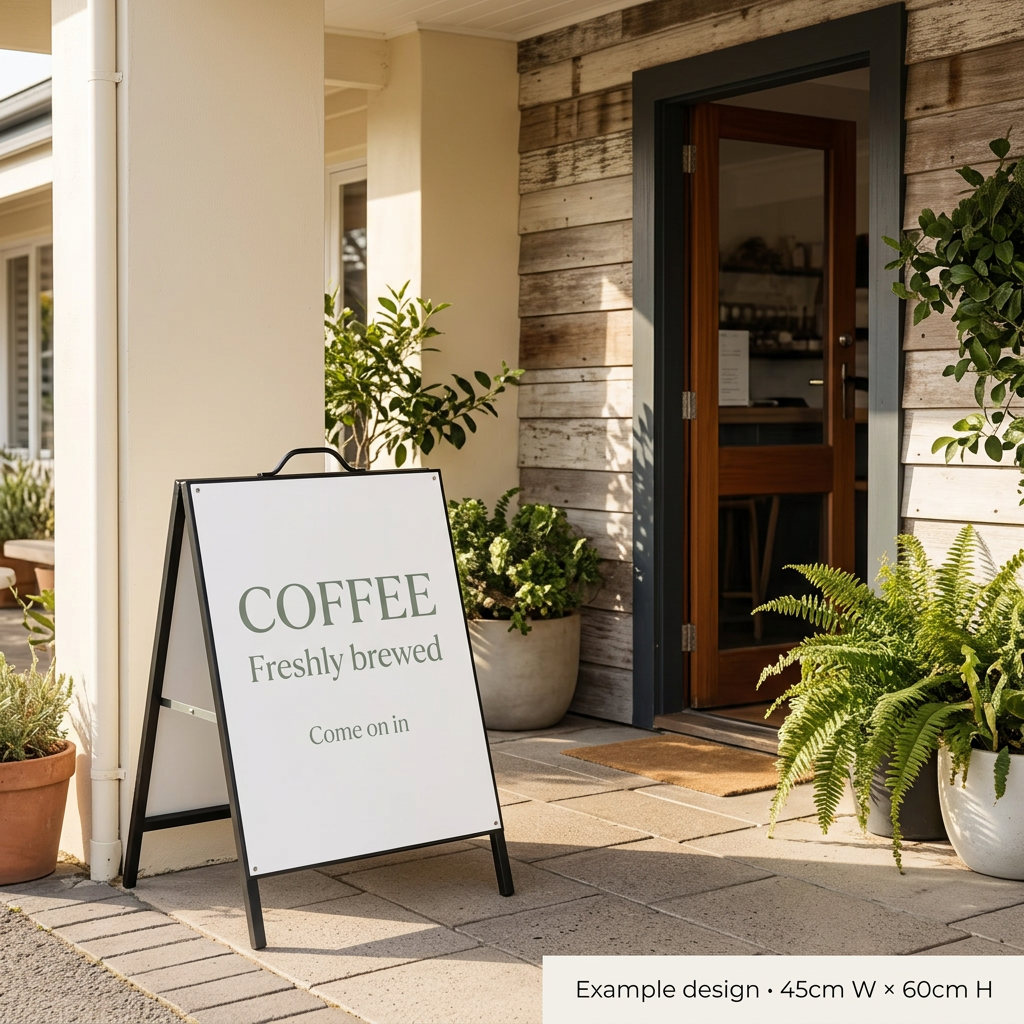 Compact portrait A-frame with example café signage outside a coastal café