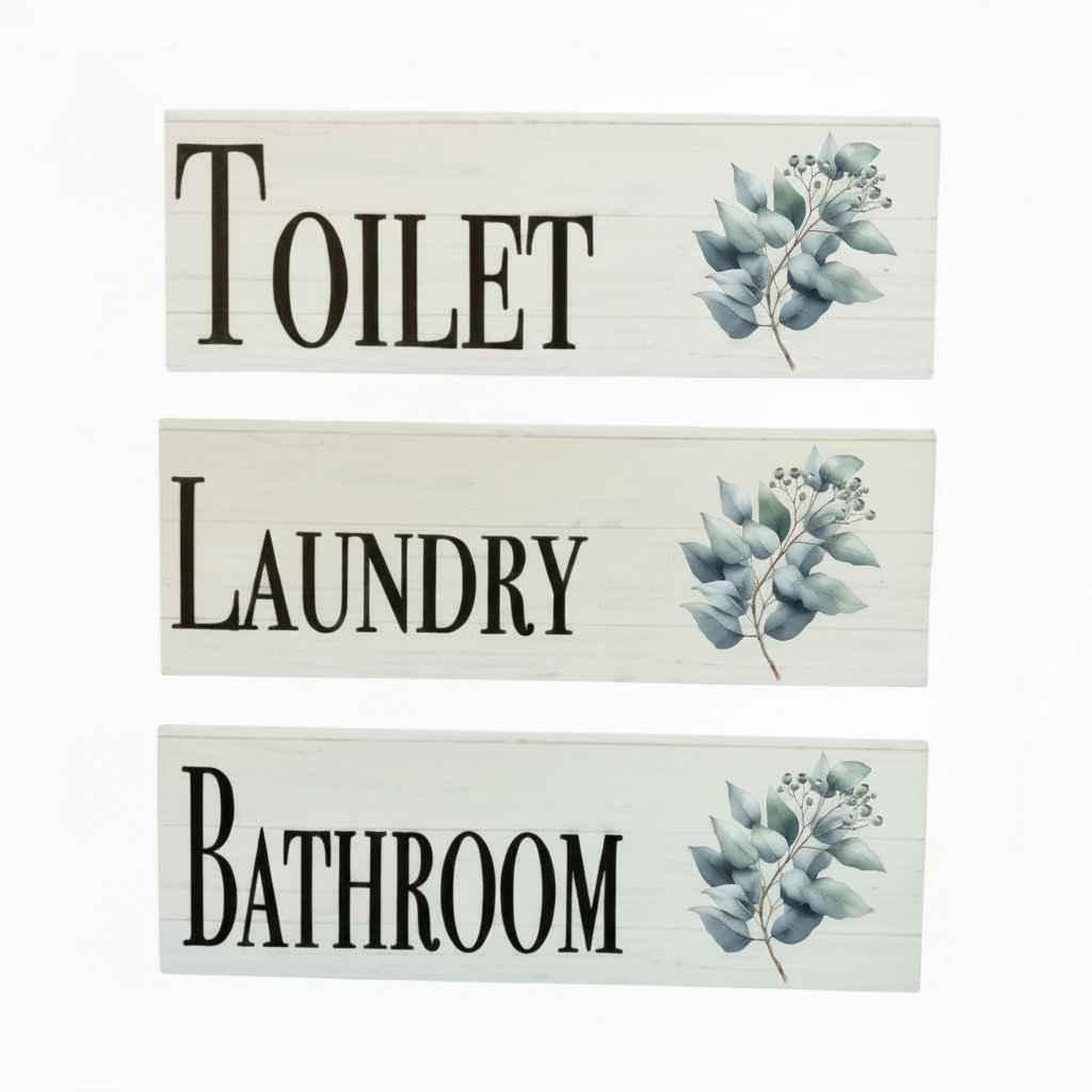 Corrected Eucalyptus Toilet Laundry Bathroom sign set