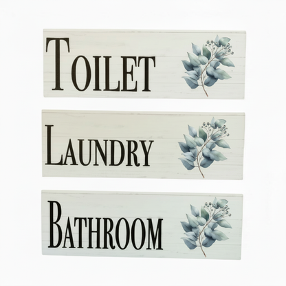 Corrected Eucalyptus Toilet Laundry Bathroom sign set