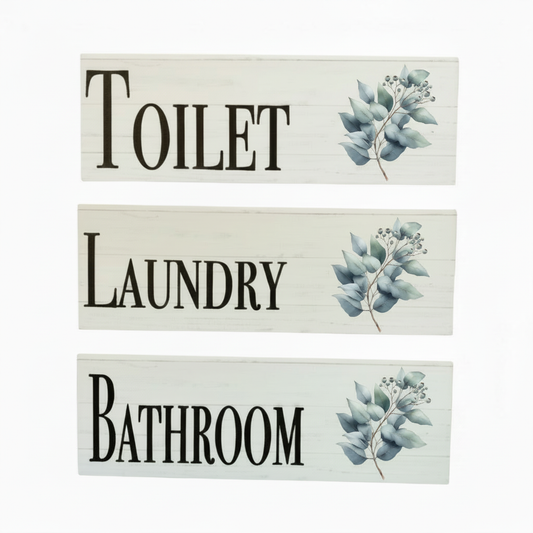 Corrected Eucalyptus Toilet Laundry Bathroom sign set
