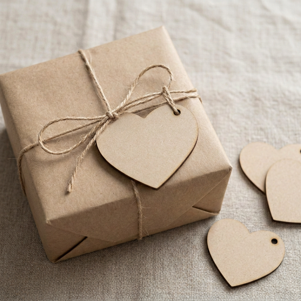 Corrected single-hole MDF heart tag on a gift